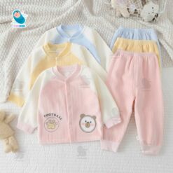 Bộ thu đông cho bé, bộ quần áo nỉ nhung tăm cài cúc, bộ quần áo dài tay cho bé trai bé gái họa tiết Gấu [B20]