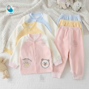 Bộ thu đông cho bé, bộ quần áo nỉ nhung tăm cài cúc, bộ quần áo dài tay cho bé trai bé gái họa tiết Gấu [B20]